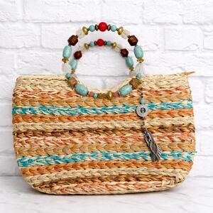 Cappelli Straworld Striped STRAW PURSE BAG Double Beaded Round Handles Satchel